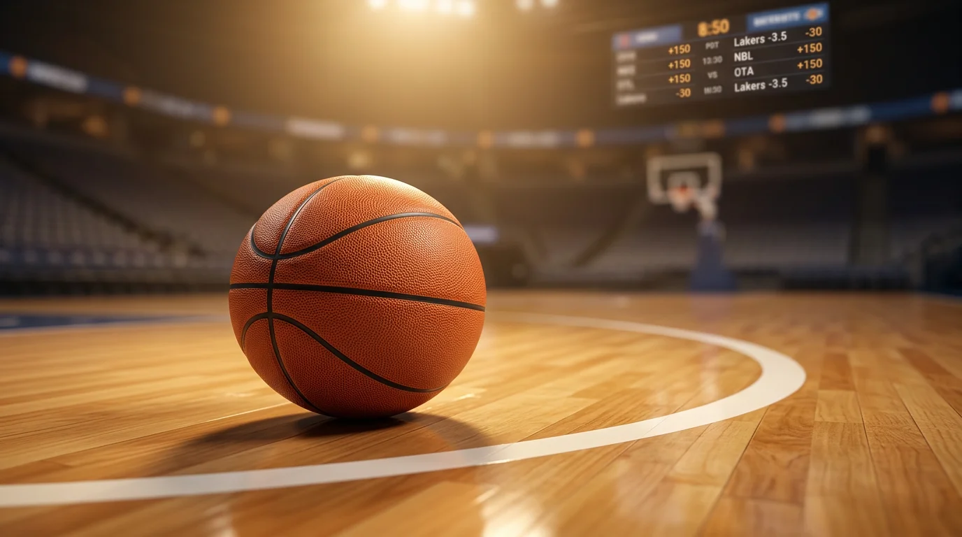 Basketball on a hardwood court beside a sportsbook odds display showing NBA spread, moneyline, and totals markets